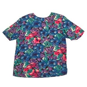 Christie & Jill Silk Vintage Blue Purple Pink Floral Short Sleeve Blouse Medium